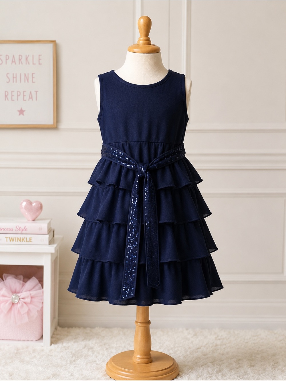 NWT The Children's Place Girls Navy Blue Sequin Belt Tiered
Ruffle Dress L 10/12 - Picture 2 of 11